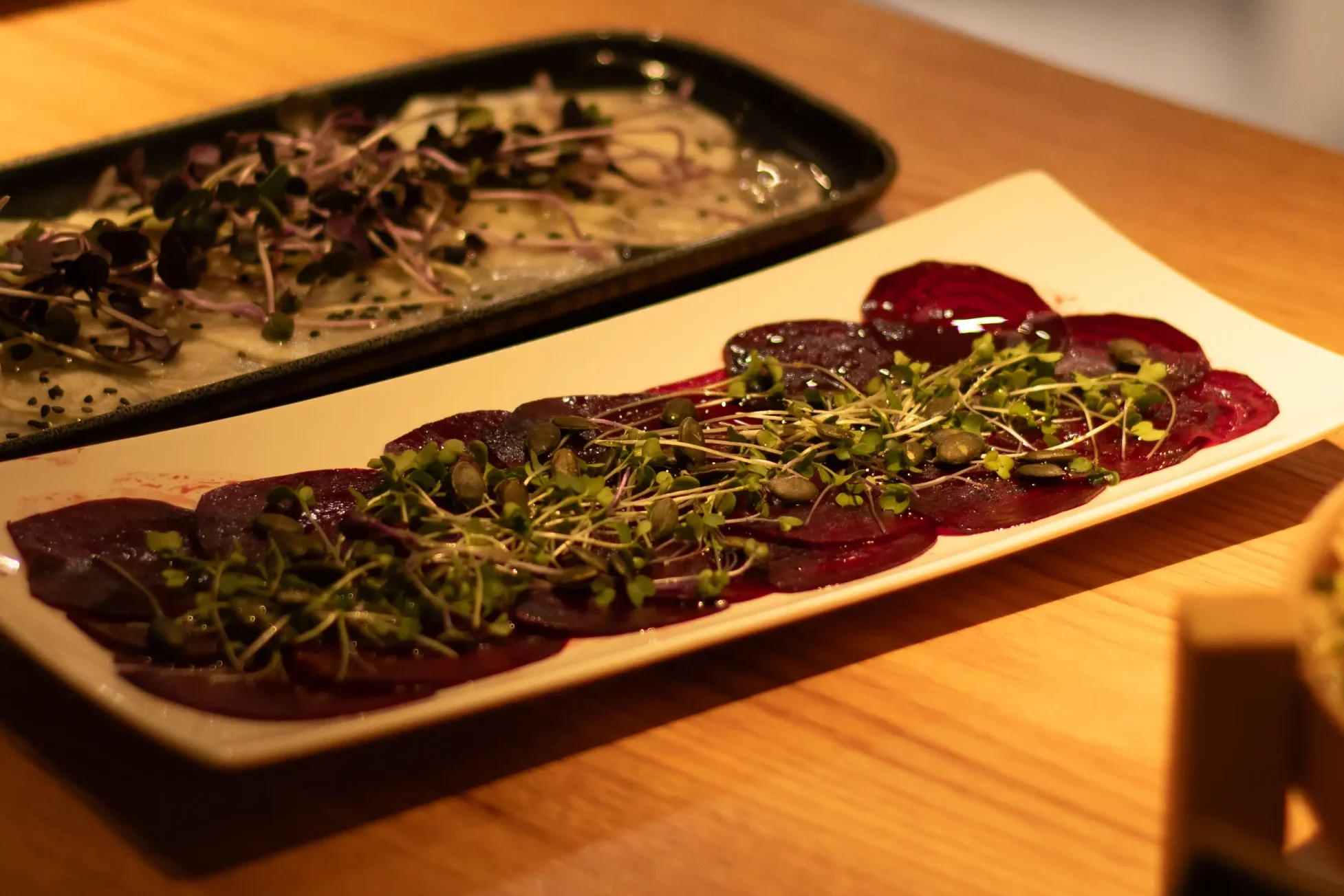 beetroot carpaccio dish on a counter